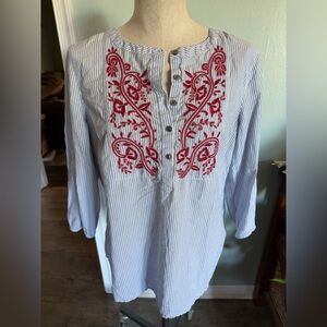 Talbots Women’s Blue White Stripe Embroidered Floral Design Blouse Size Medium